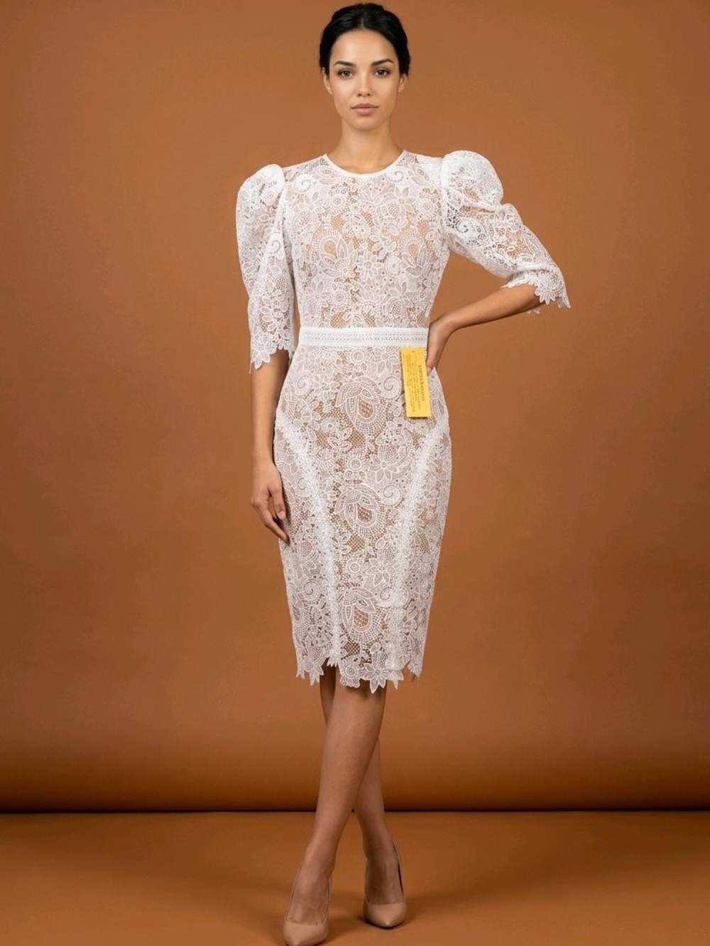 Bronx and Banco White Lace Midi Dress with Puff Sleeves